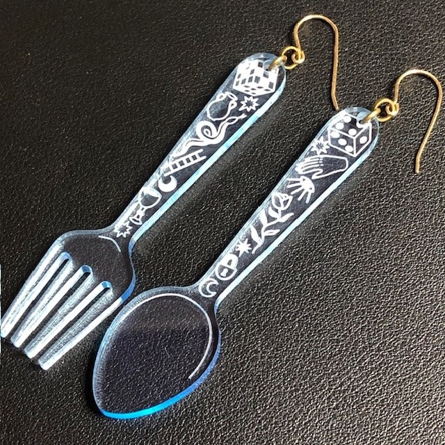 B2189 Whimsical Fork Spoon Dangle Earrings 14K gold filled wires Acrylic Etched