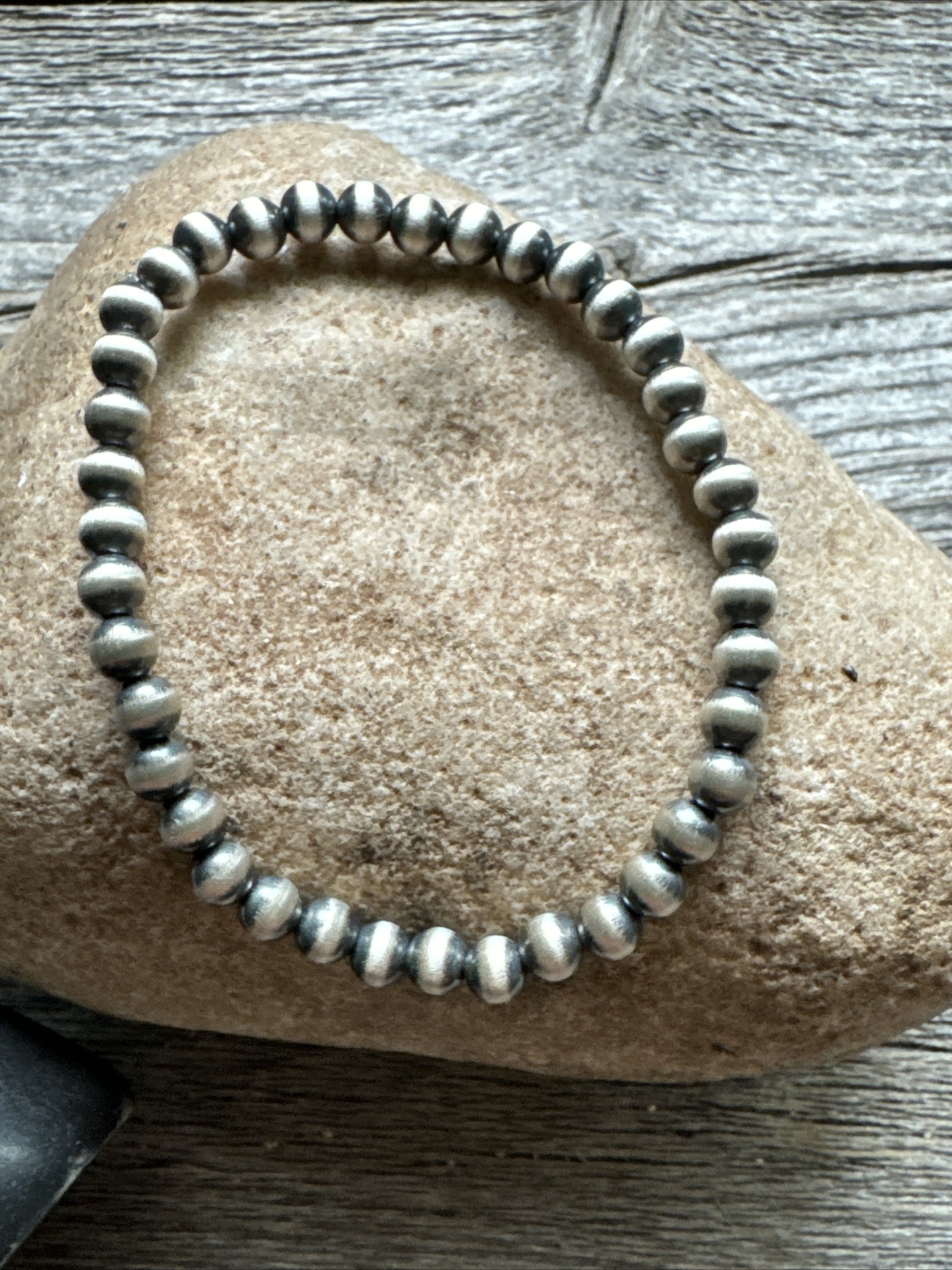 5mm 7 Inch Stretch Sterling Silver Oxidized Pearls Bead Bracelet Southwestern