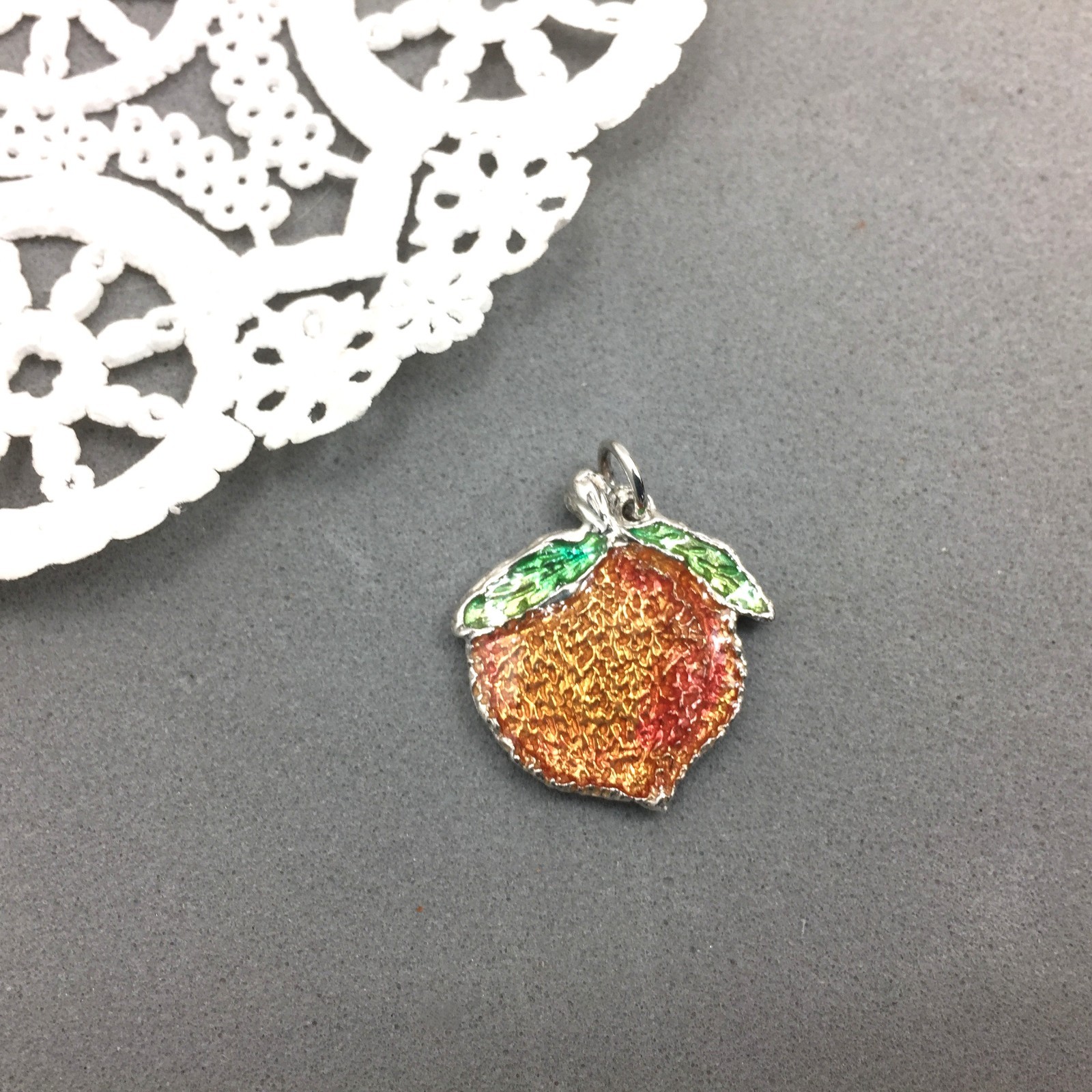 Georgia Peach Charm Pendant Sterling Silver Resin Enamel Handcrafted Painted