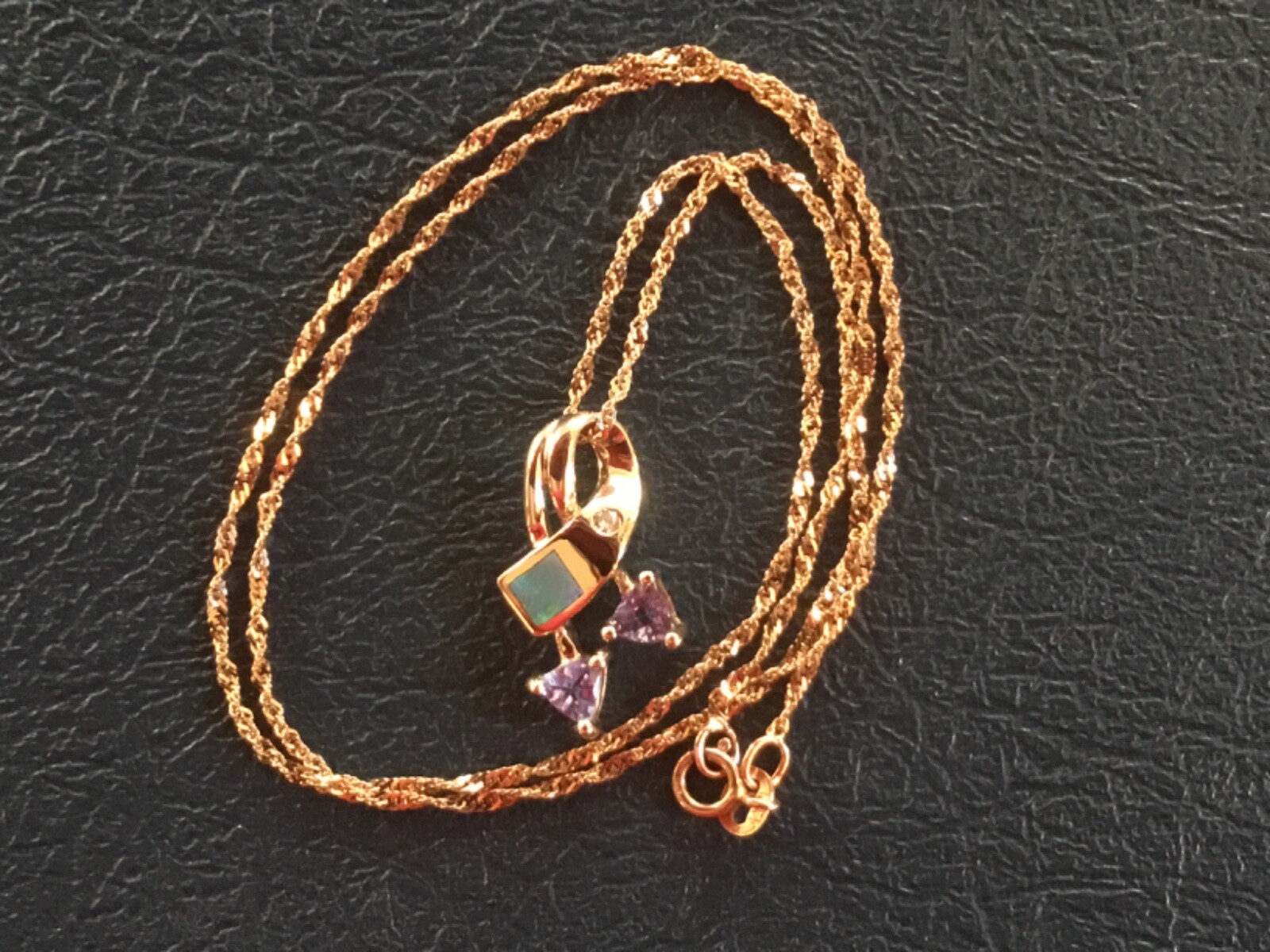 10K YELLOW GOLD OPAL TANZANITE DIAMOND PENDANT 16 INCHES SINGAPORE NECKLACE