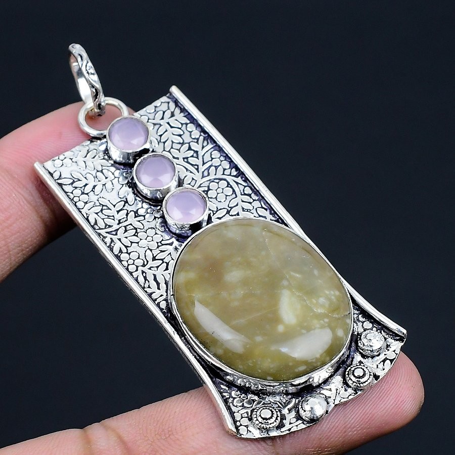 Picture Jasper, Pink Chalcedony Gemstone 925 Sterling Silver Pendant 2.95″ k483