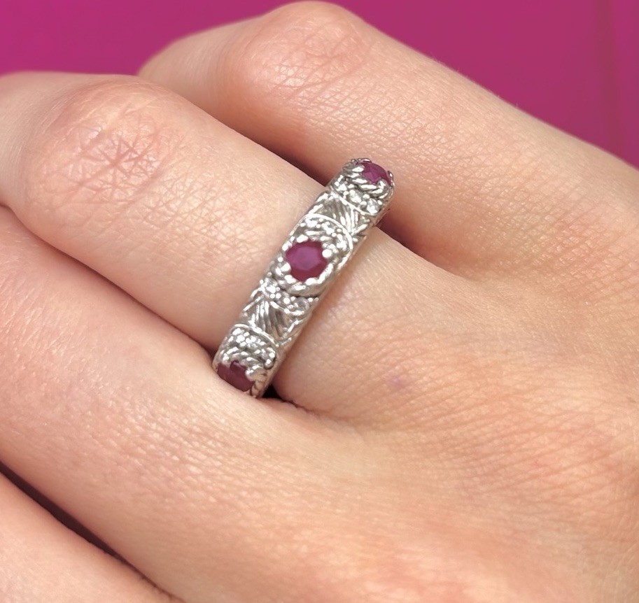 Judith Ripka Sterling Silver Stackable Red Ruby & Pave CZ Band Ring Size 5