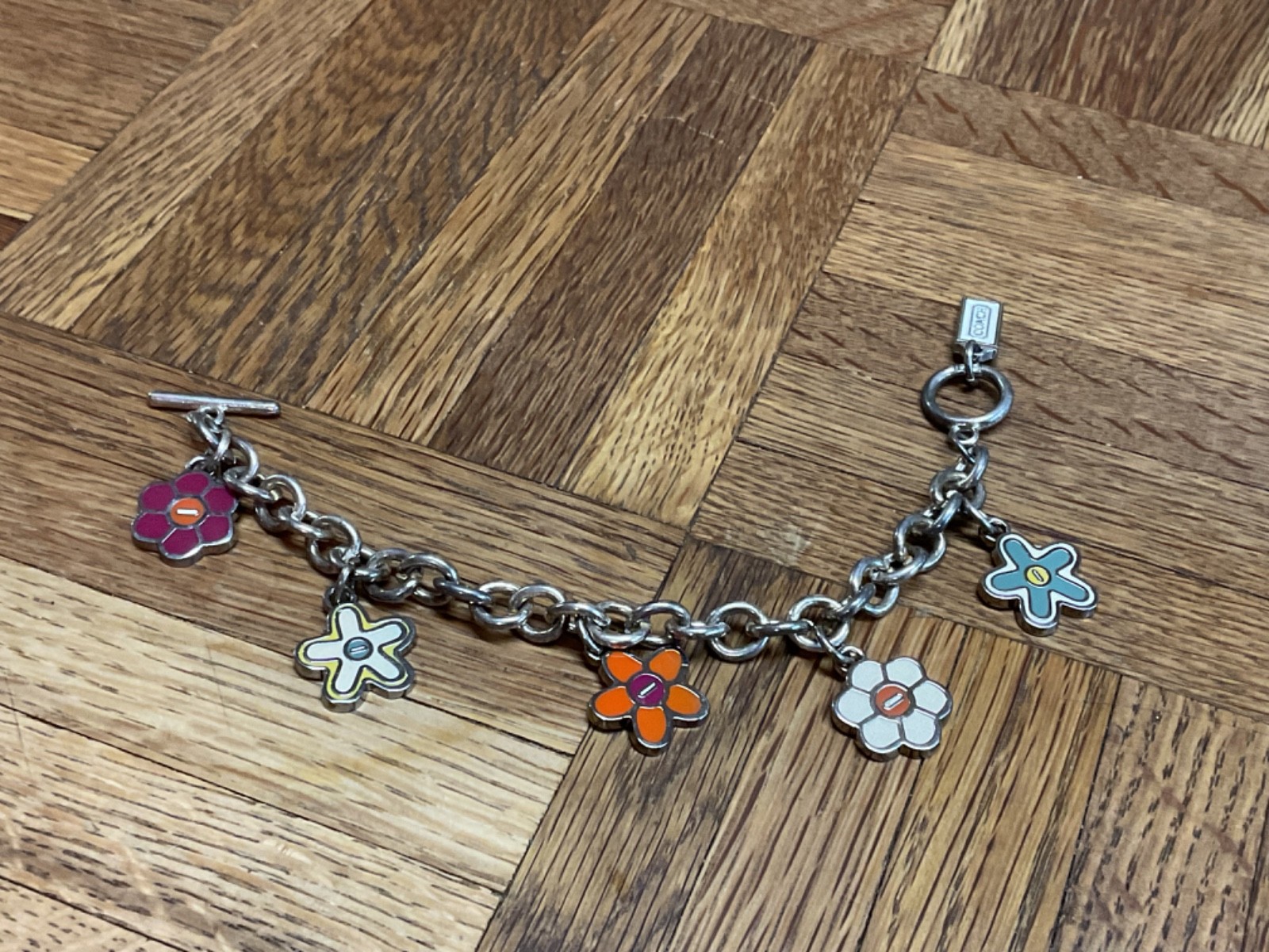 Rare Coach 925 Sterling Silver Clasp Enamel Flower Charm Bracelet Toggle 7.5”