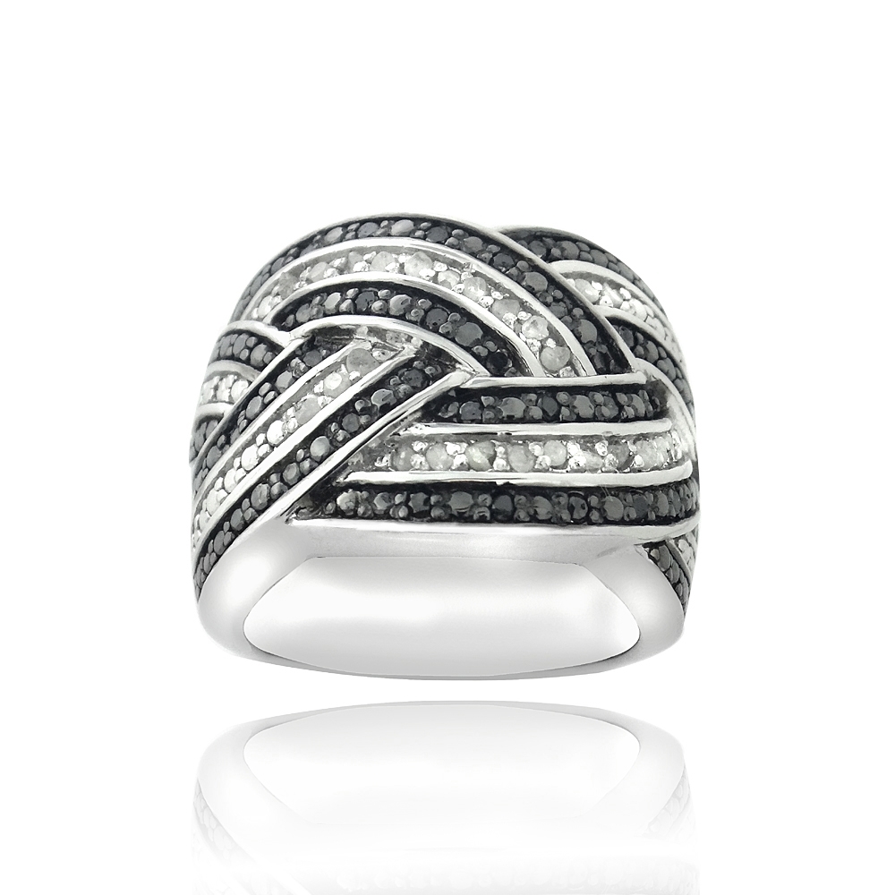 925 Silver 1/2ct Black & White Diamond Crossover Band Ring