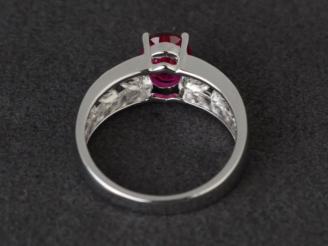 925 Sterling Silver Pink Ruby Lab Created Women Art Deco Ring Duty Free