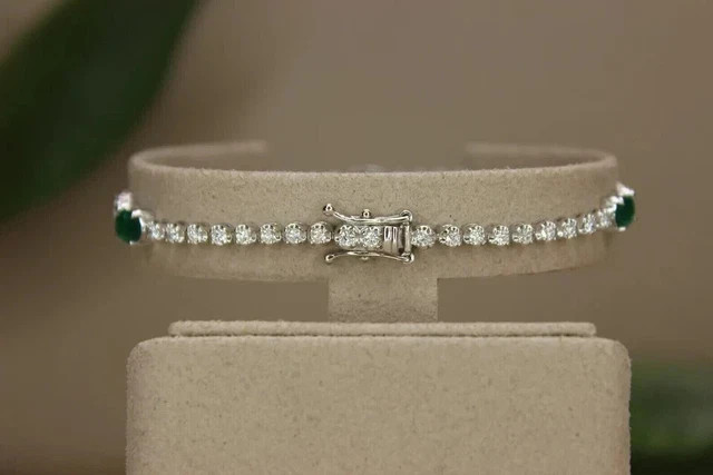 5Ct Oval Cut Lab Created Emerald & Diamond Tennis Bracelet 14K White Gold Plated