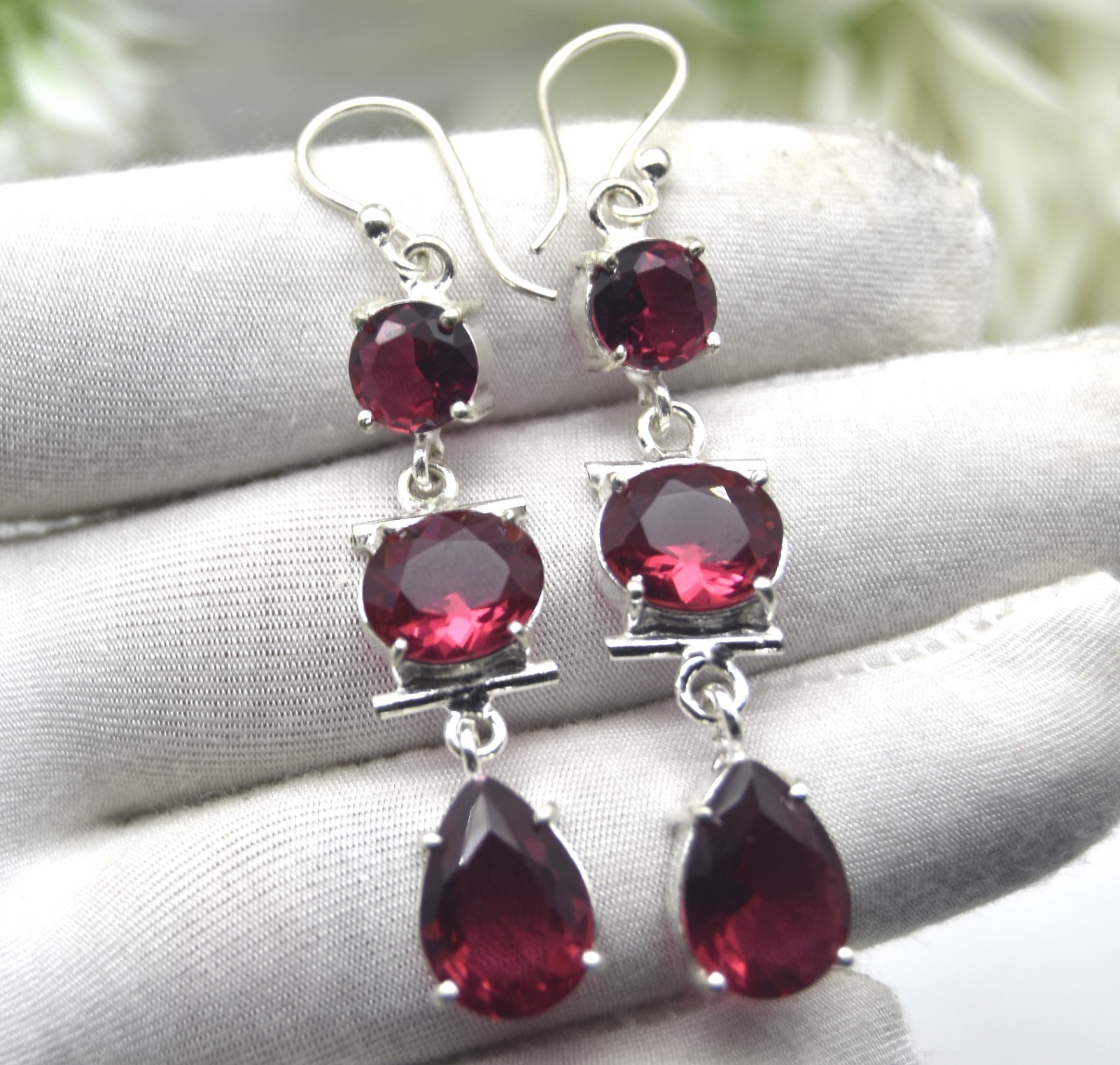 Pinkish Garnet Gemstone Dangle Earring Handmade 925 Sterling Silver Jewelry 2.75