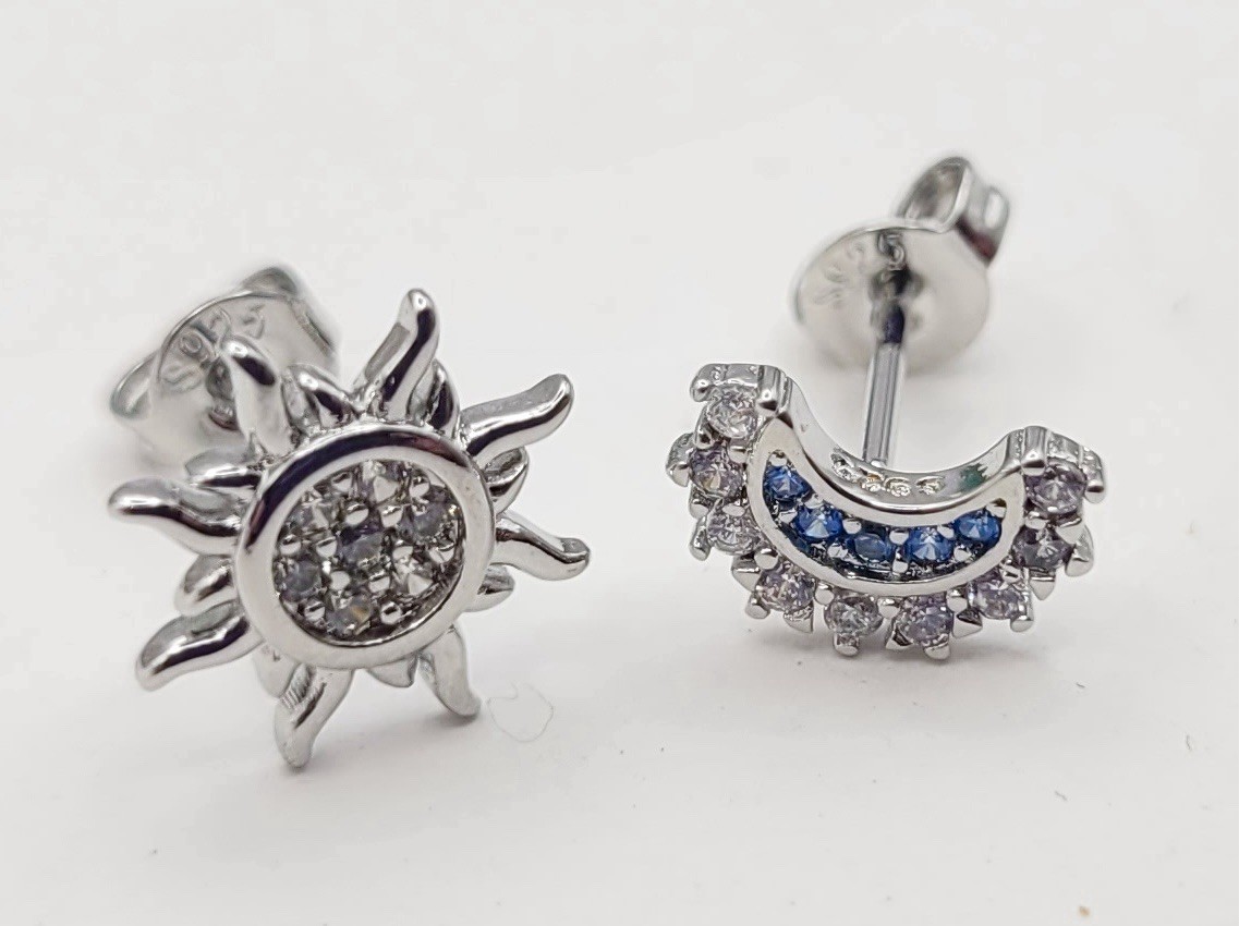 925 Sterling Silver Moon & Sun Asymmetrical Stud Earrings