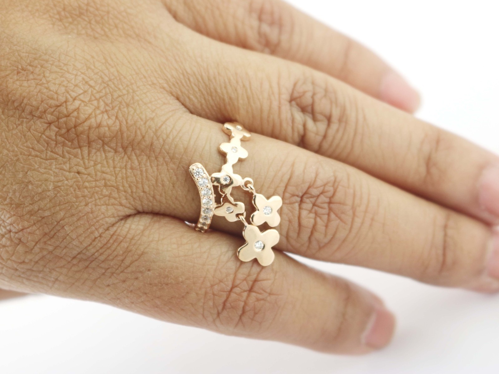 Clover Charm 925 Sterling Silver Stackable Ring – Rose Gold Finish, CZ Stones