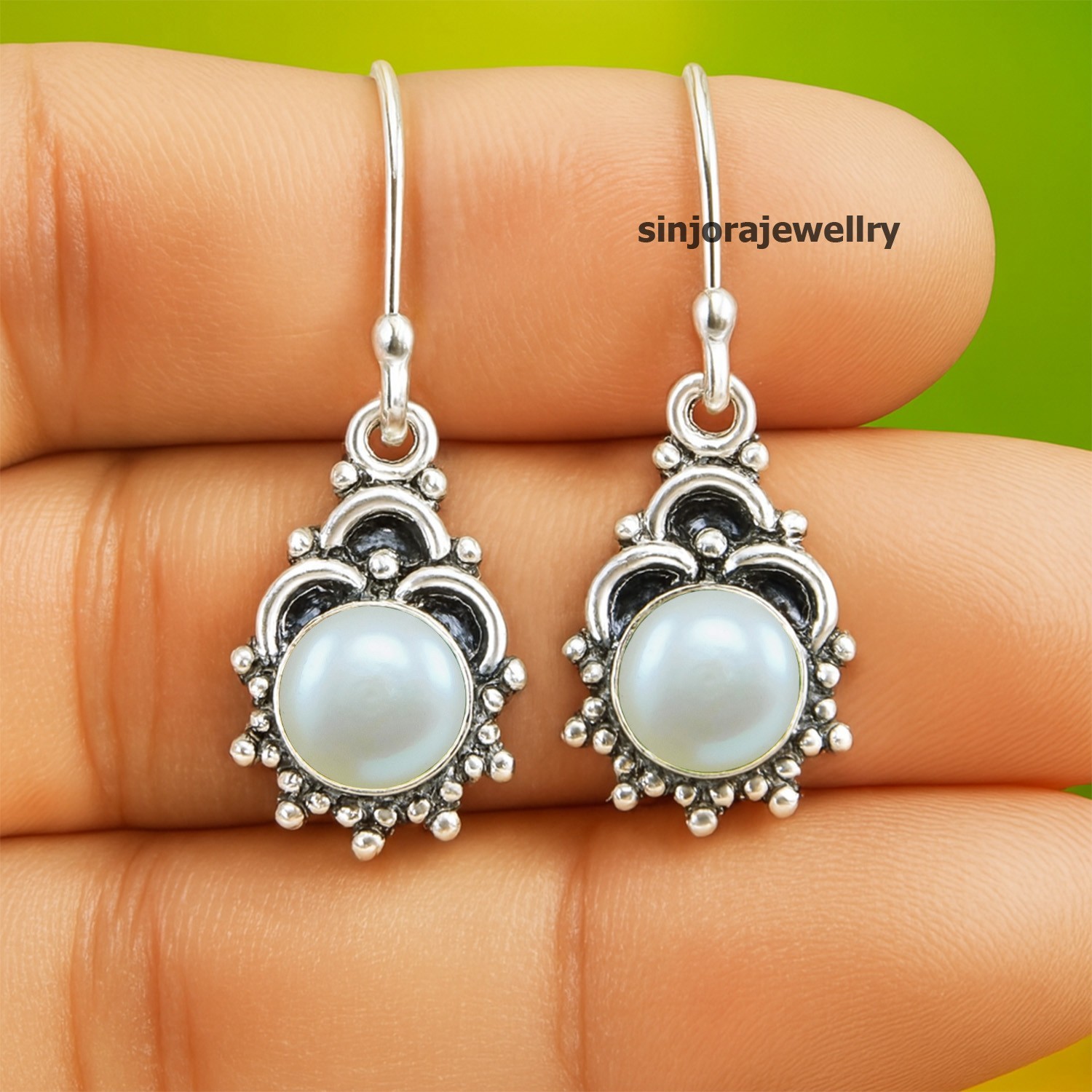 Pearl Gemstone 925 sterling silver handmade Dangle Drop Earrings 1.50″