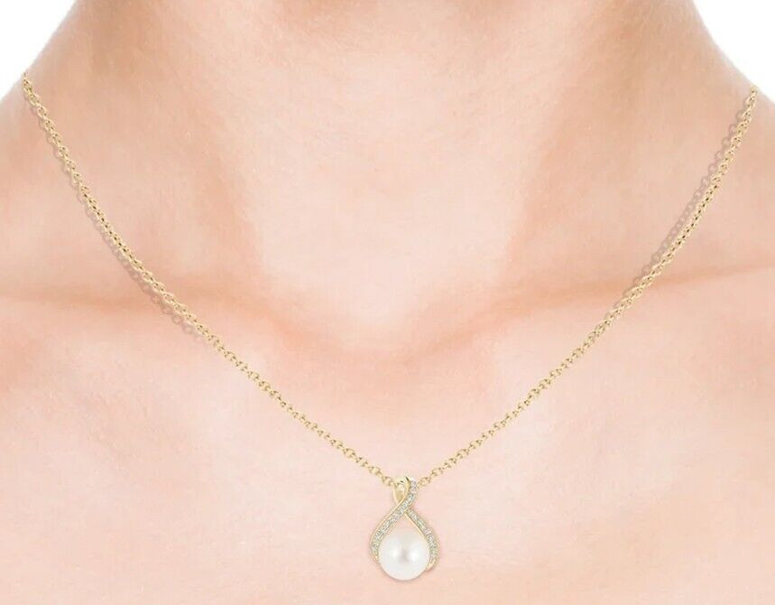 0.42ct Natural Round Diamond 14k Solid Yellow Gold Pearl Wedding Pendant