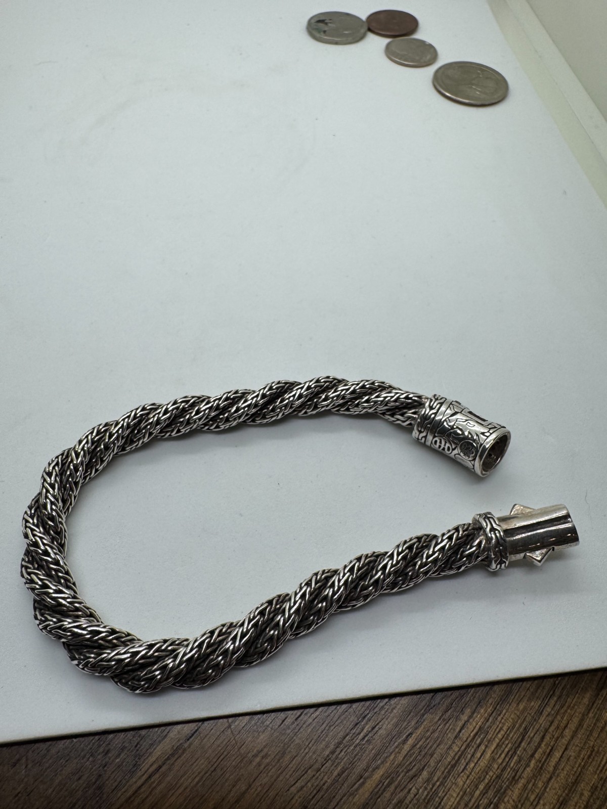 John Hardy Sterling Silver Flat Twisted Bracelet w/ Black Sapphire Clasp. T06e