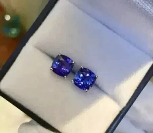 14K White Gold Plated 2.Ct Cushion Cut Lab Created Tanzanite Stud Earrings Women