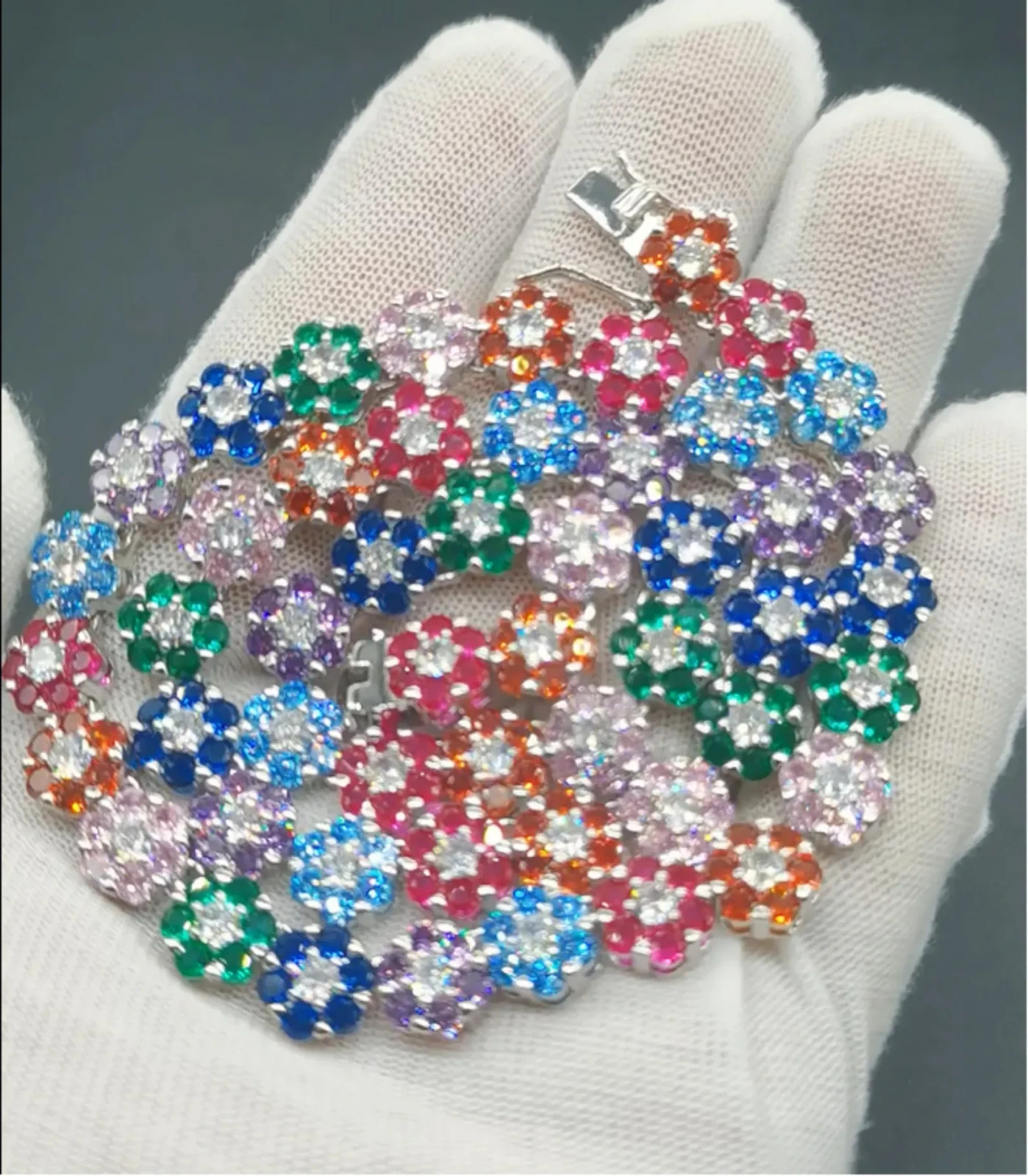 Multi-Gemstone & Diamond 9mm Flower Tennis Collar Necklace 14K White Gold Over