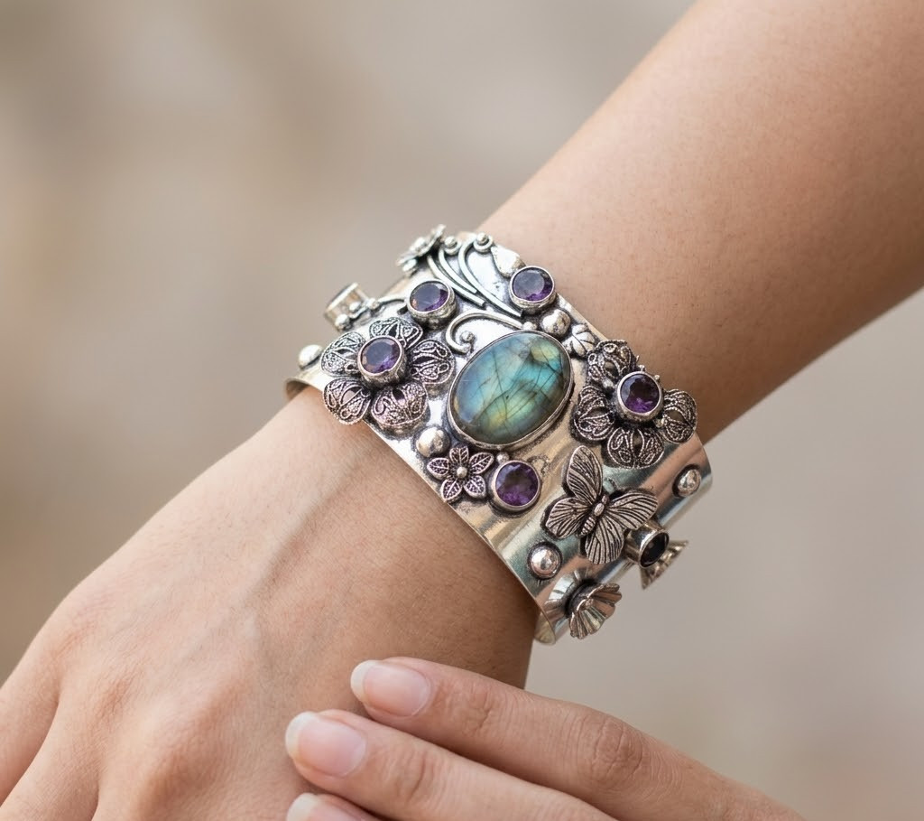 925 Sterling Silver Natural Labradorite Gemstone Handmade Jewelry Cuff Bracelet