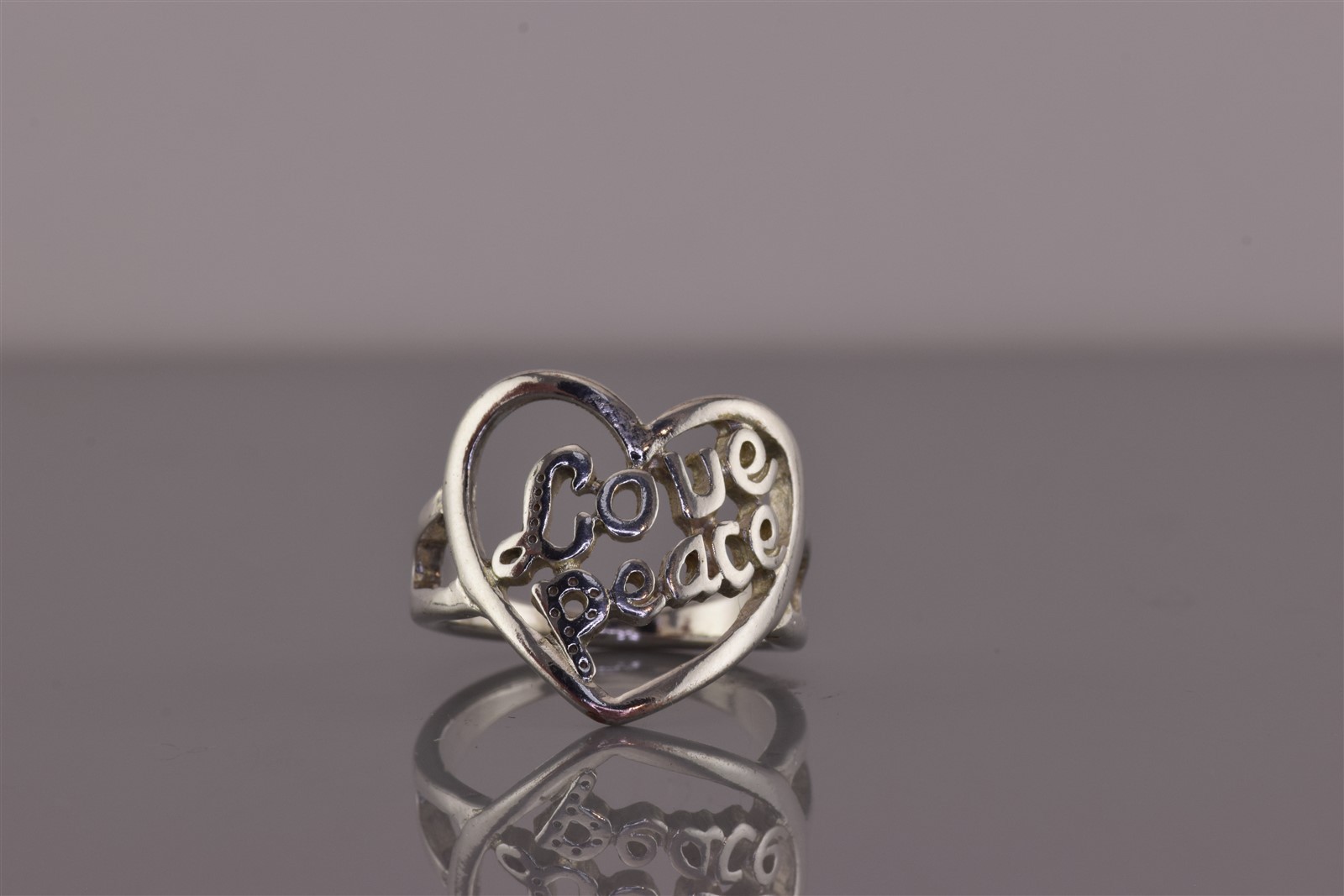 Sterling Silver 19mm Framed Openwork LOVE PEACE Heart Band Ring 925 Sz: 7
