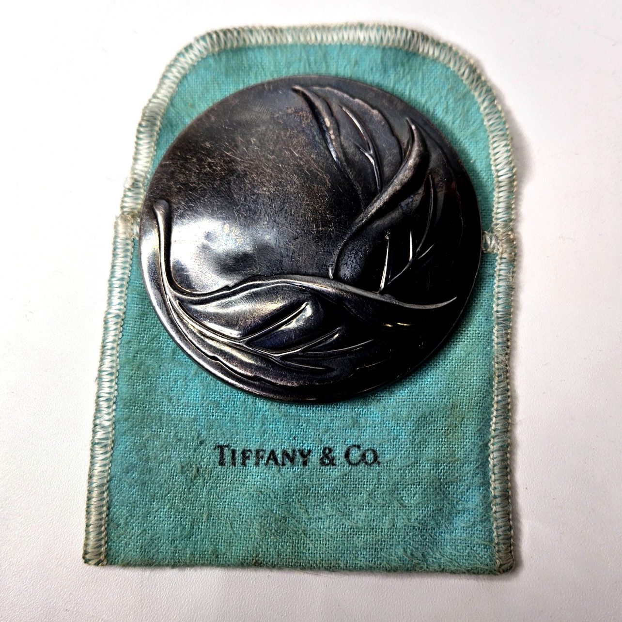 Tiffany & Co. Leaf Compact Mirror Silver Plate w/ Pouch Vintage Makeup Mirror