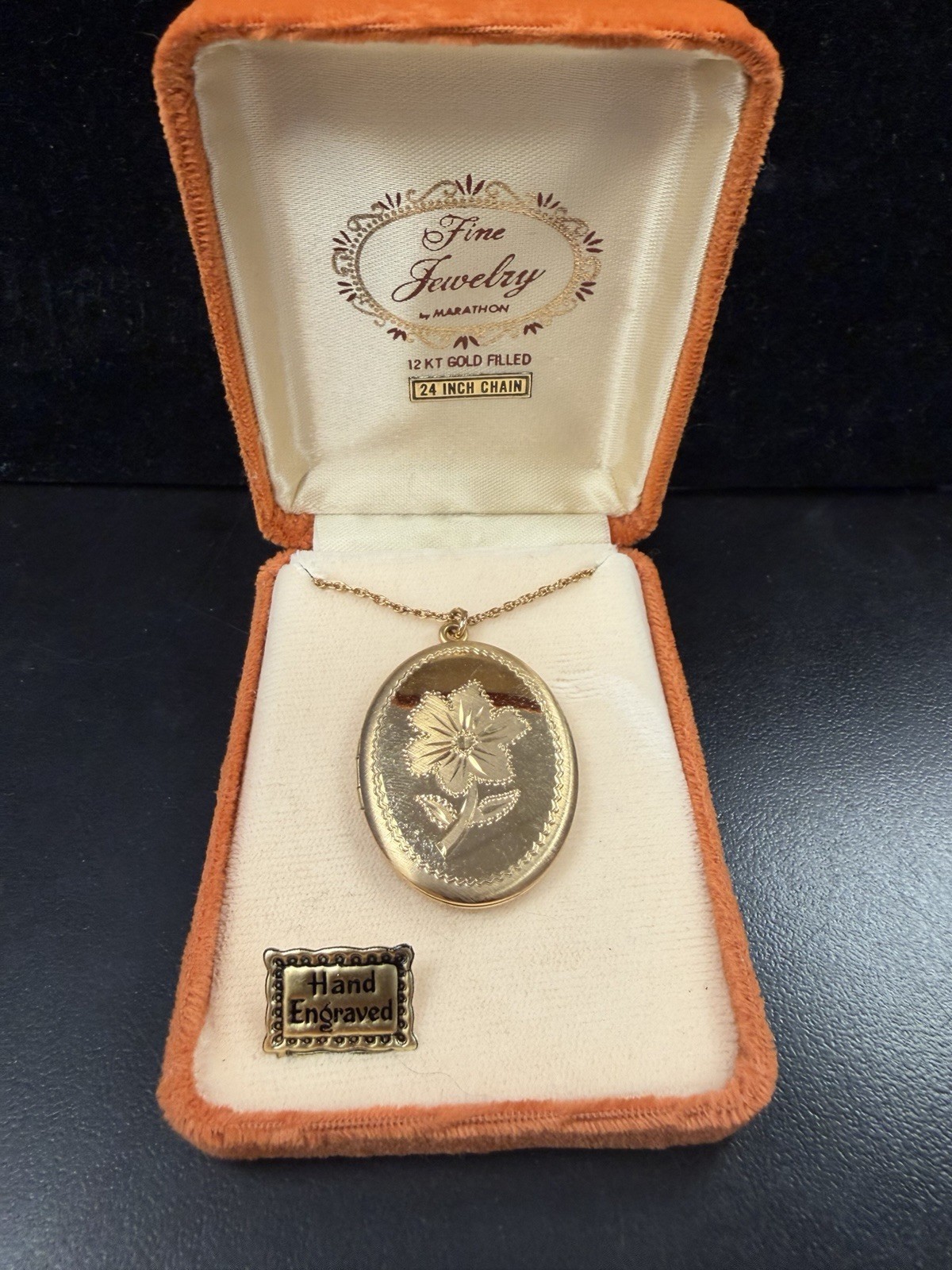 Marathon 12k Gold Filled Oval Photo Locket Necklace 24 in Engraved Signed