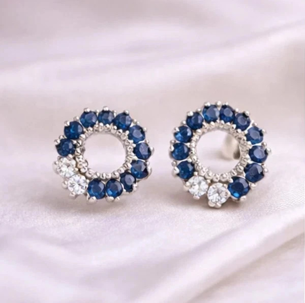 1.80Ct Lab-Created Blue Sapphire Circle Stud Earrings 14k White Gold Plated