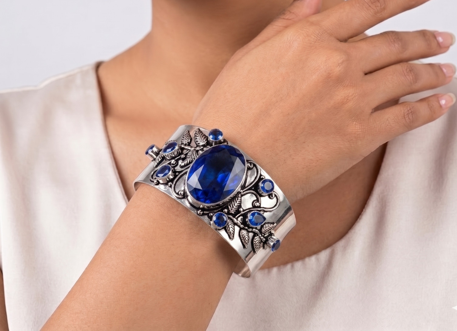 Blue Tanzanite Cuff Bracelet 925 Sterling Silver Handmade Jewelry Adjustable