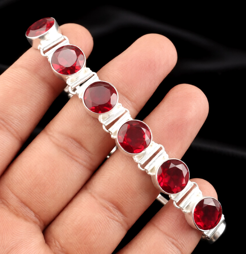 Mozambique Garnet Gemstone 925 Sterling Silver Handmade Jewelry Bracelet 8″