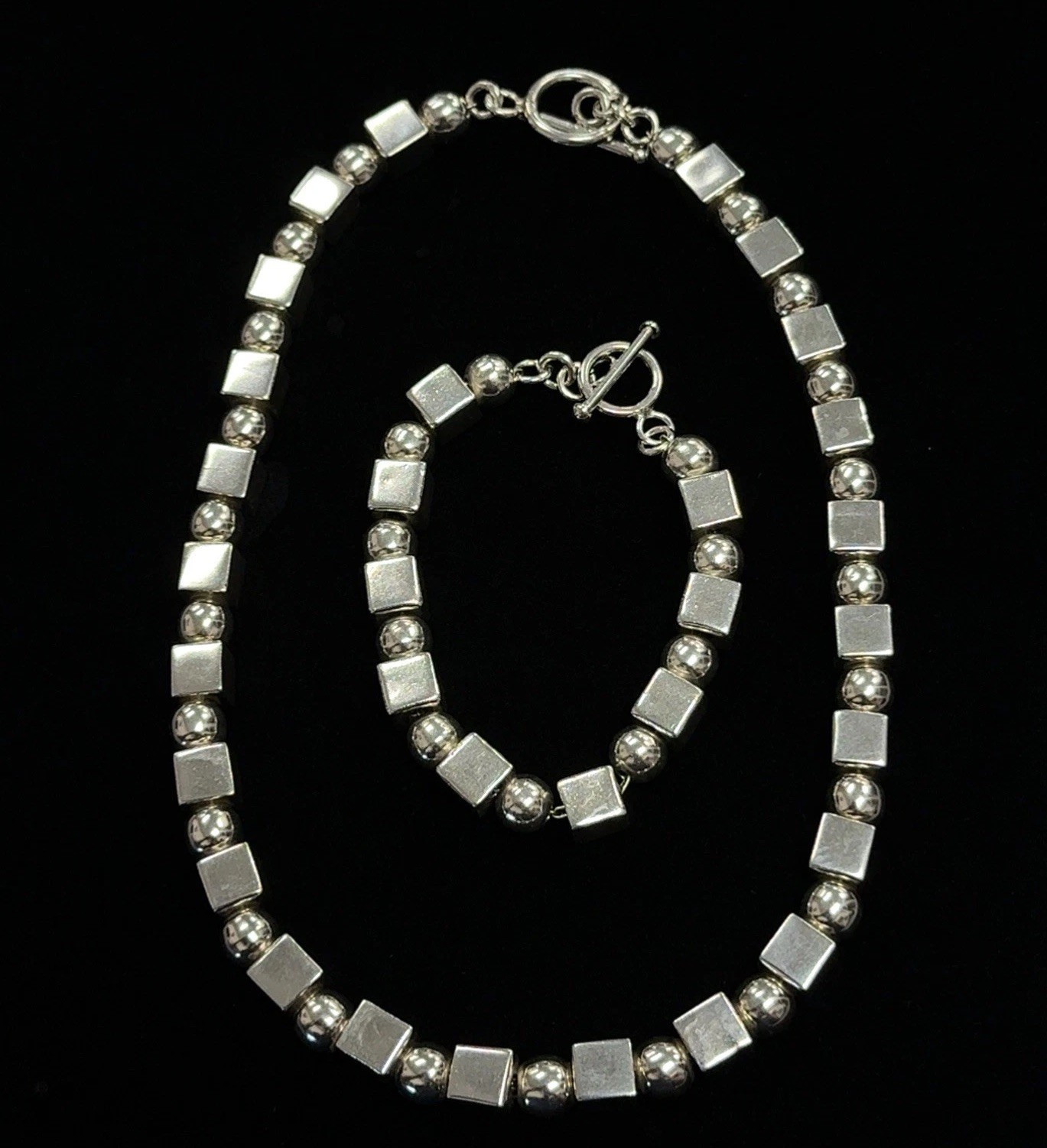 950 Fine Silver Round & Cube Bead 16” Necklace + Matching 7” Bracelet, 131 Grams
