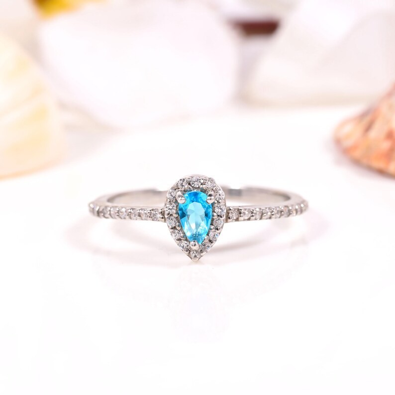 Pear Sky Blue CZ Engagement Ring 925 Sterling Silver Halo Handmade Jewelry New