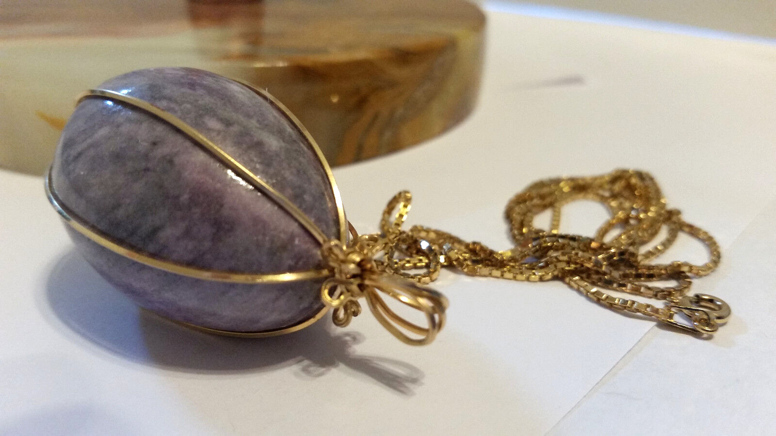 2″ Wire Wrap Caged LAVENDER JADE Egg Pendant & 30″ Sterling Silver Vermeil Chain