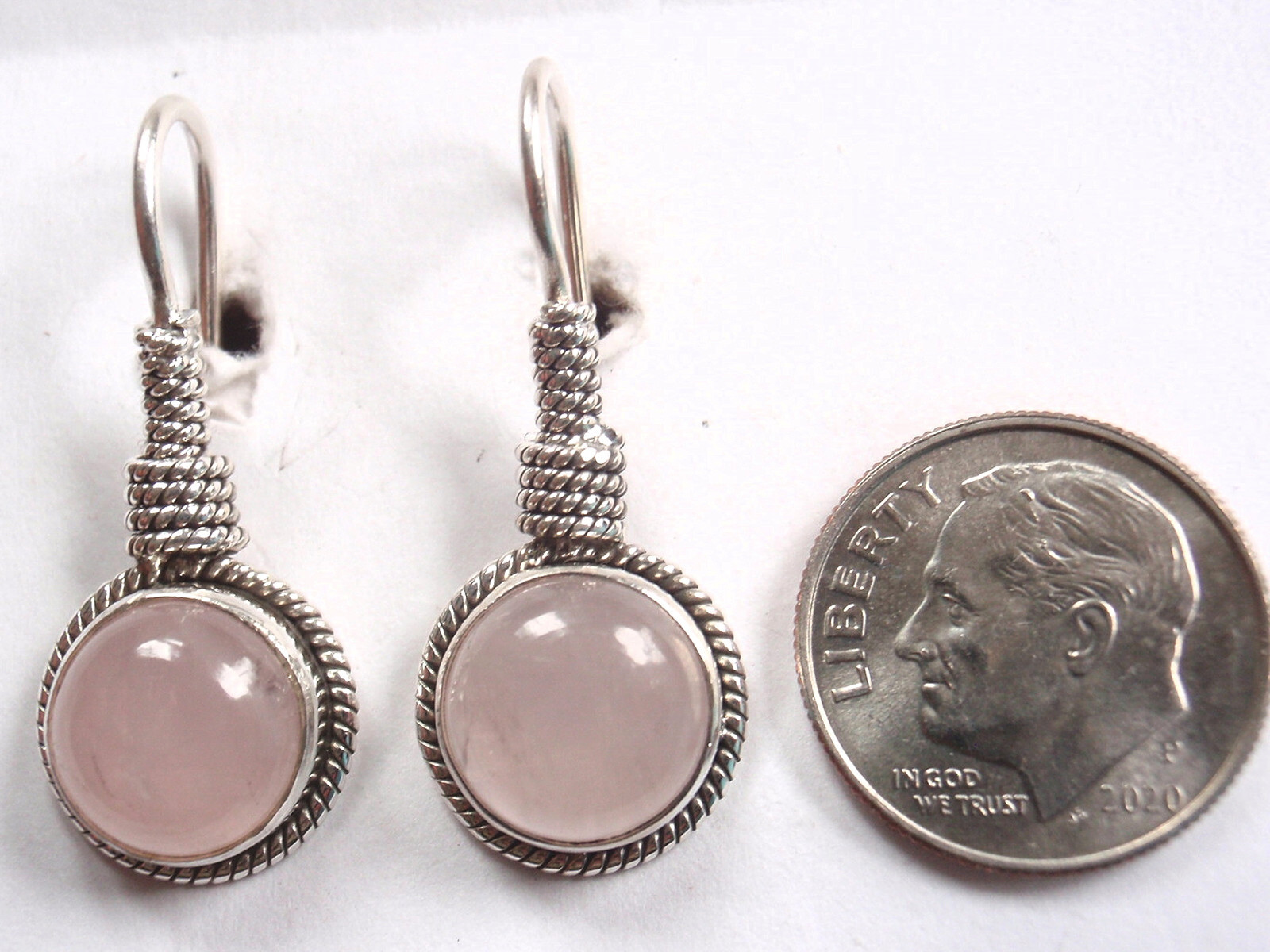 Round Rose Quartz 925 Sterling Silver Hook Drop Earrings Hypoallergenic