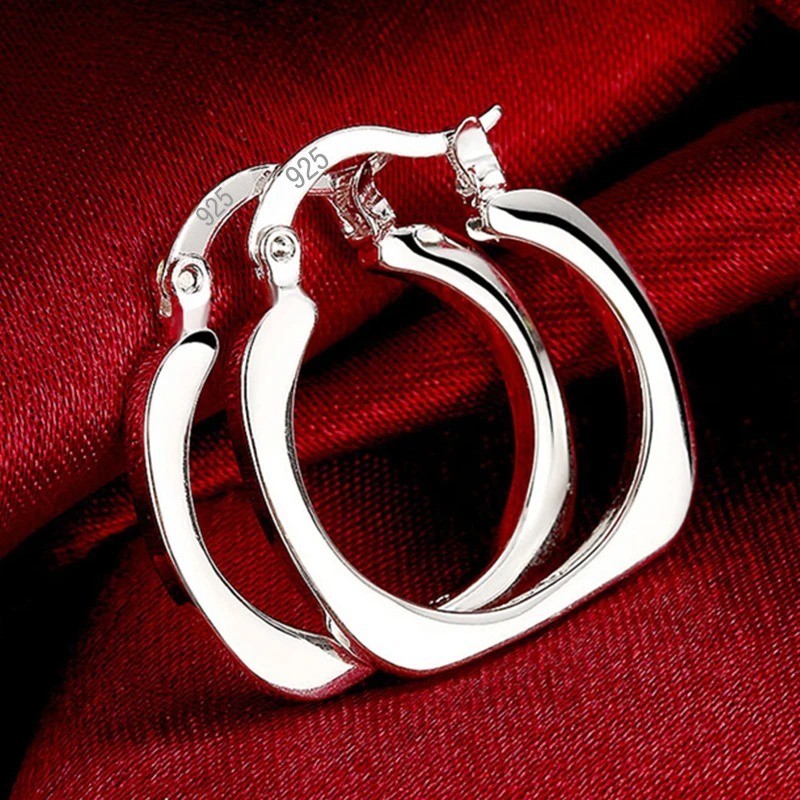 925 Sterling Silver Flat Square Round 20mm Hoop Earrings For Woman Wedding Engag
