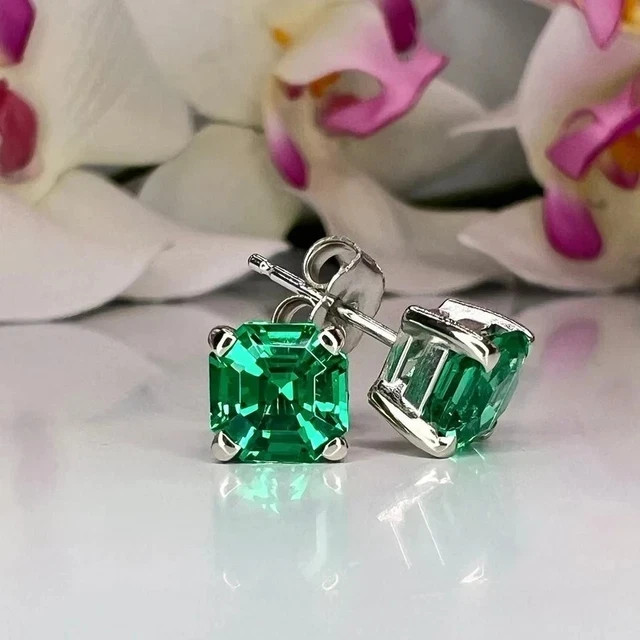 4Ct Asscher Lab Created Emerald Solitaire Stud Earrings 14K White Gold Plated