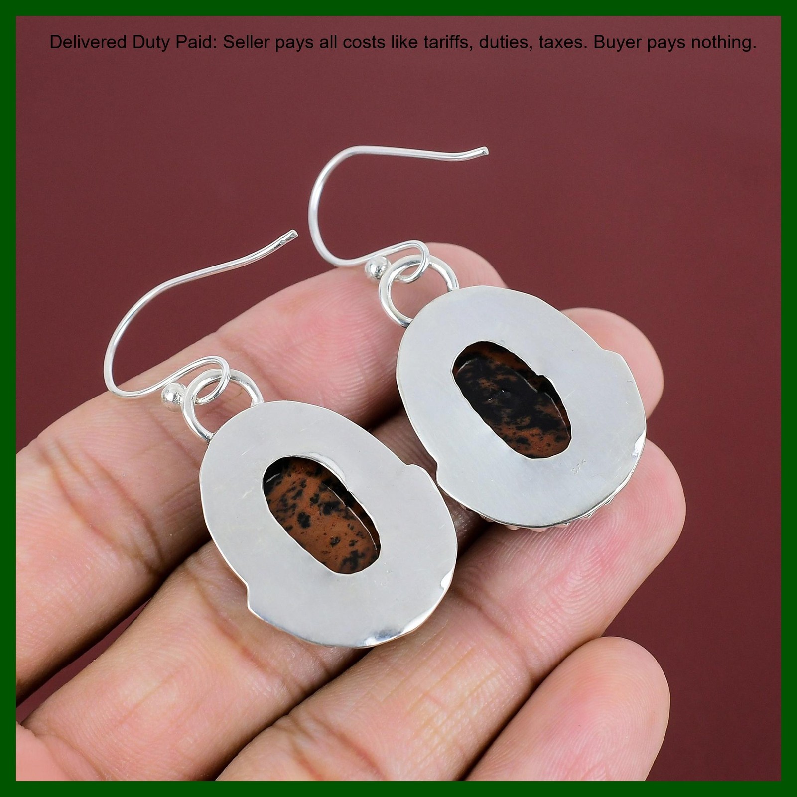 Sterling Silver Oval Mahogany Obsidian Gemstone Dangle Drop Root Chakra Earrings