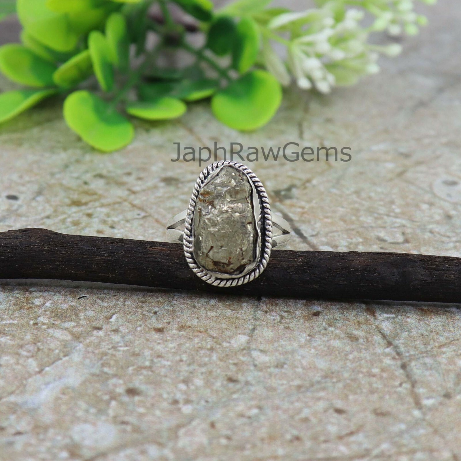 Natural Pyrite 925 Sterling Silver Boho Uncut Healing Crystal Ring Jewelry
