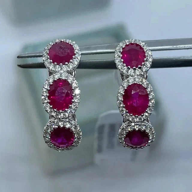 4CT Oval Cut Lab Created Ruby 14k White Gold Plated Clip-on Hoop Earring