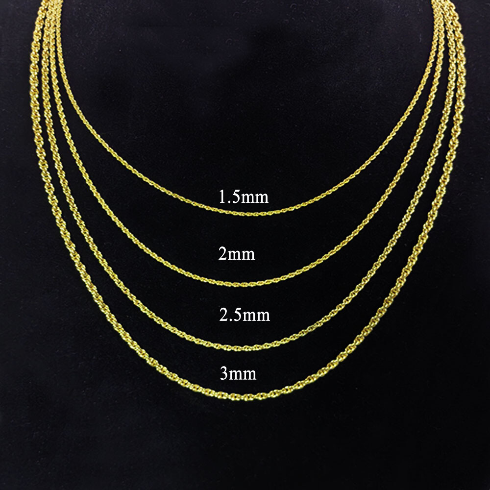1.6-3.1mm 14K Real Solid Yellow Gold Rope Chain Necklace with Lobster Claw Clasp