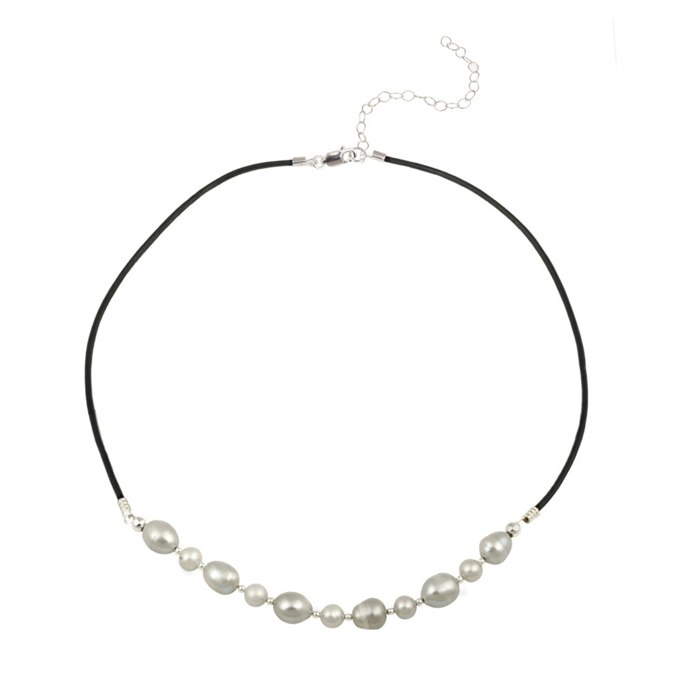.925 Silver Gray Pearl on Leather Beaded Necklace