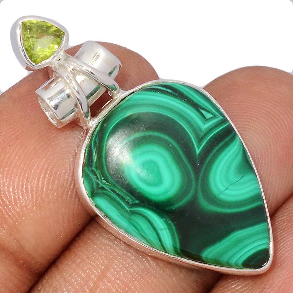 Natural Bulls Eye Malachite & Peridot 925 Silver Pendant Jewelry CP67299