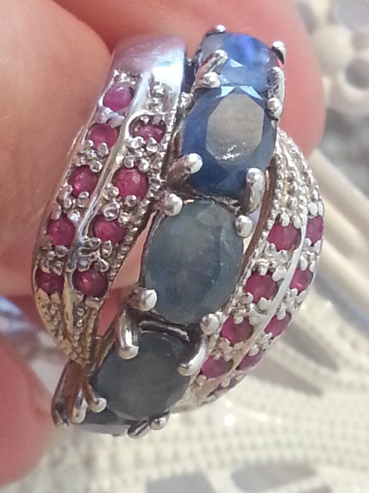 Sapphire & Ruby “Cross Over” Band / Cluster Style Silver Ring. Size T.