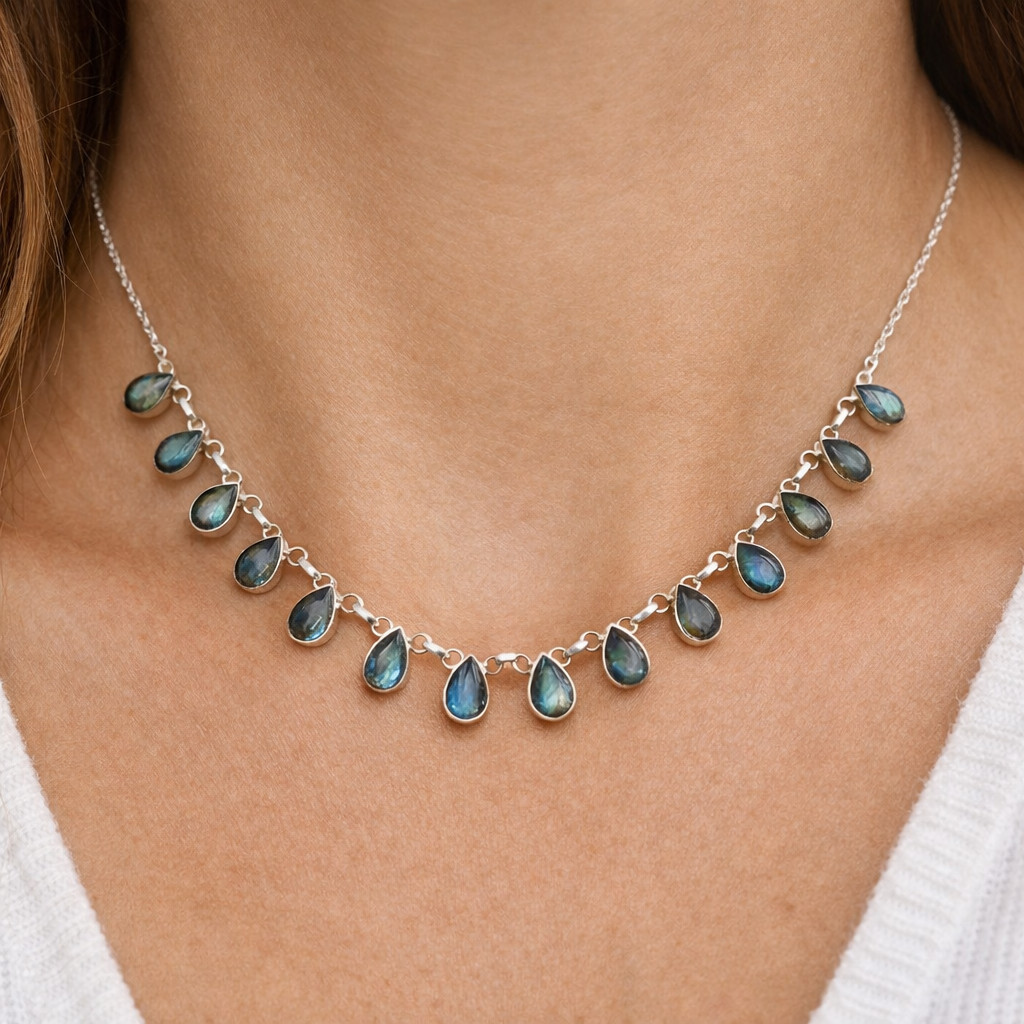 Natural Labradorite Gemstone 925 Sterling Silver Jewelry Necklace Size-17-18″