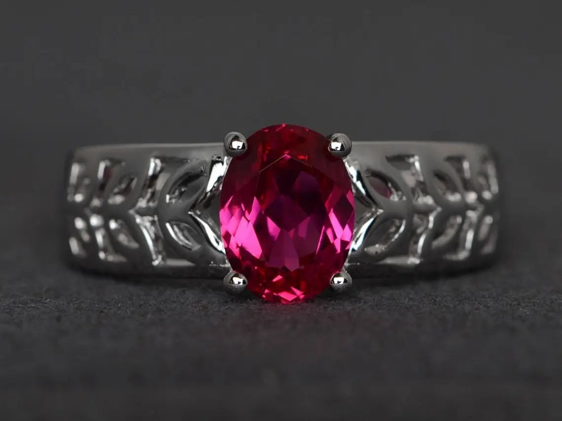 925 Sterling Silver Pink Ruby Lab Created Women Art Deco Ring Duty Free