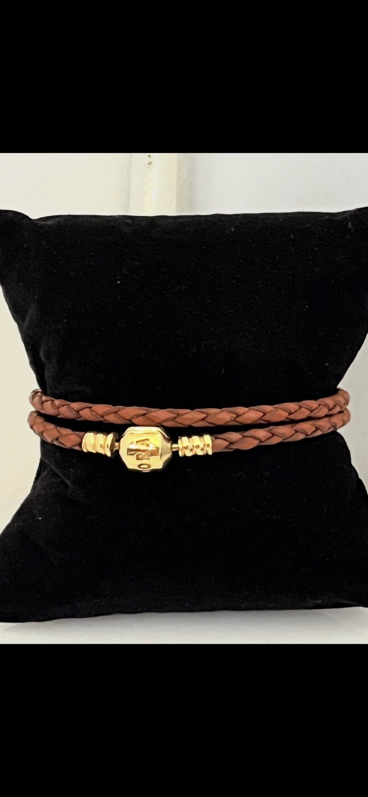 Pandora Retired Moments Double Leather Bracelet ALE 585 14K gold snap clasp