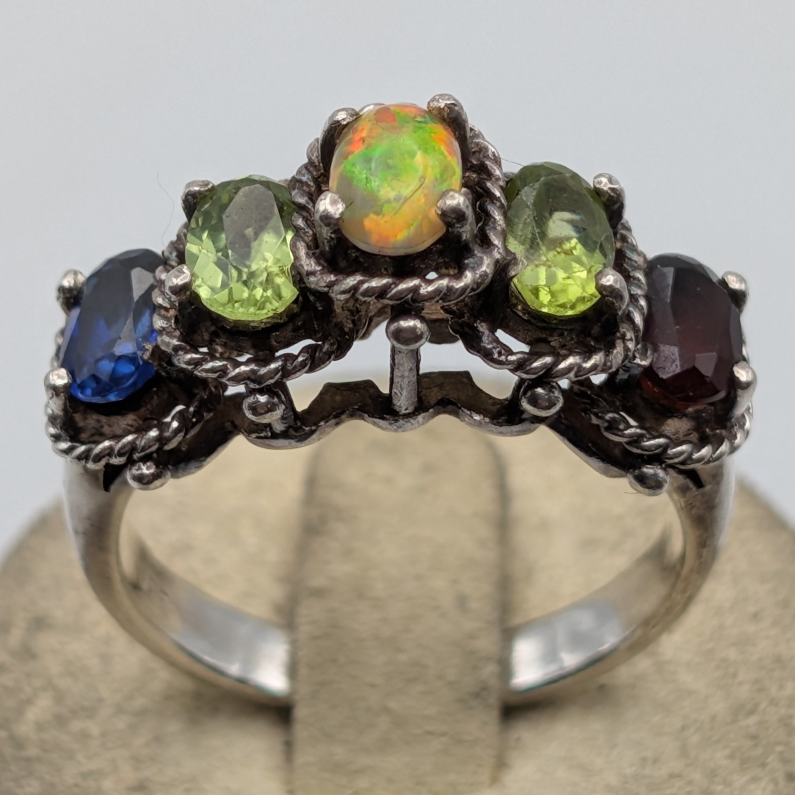 Vintage Sterling Silver Multi Gemstone Ring 925 Fire Opal Peridot Size 8.5