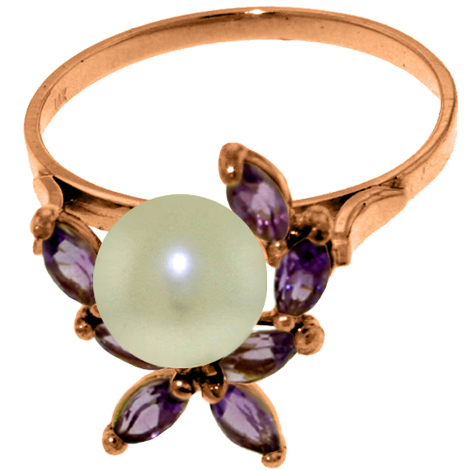 Brand New 14K Solid Rose Gold Ring with Natural Amethysts & pearl