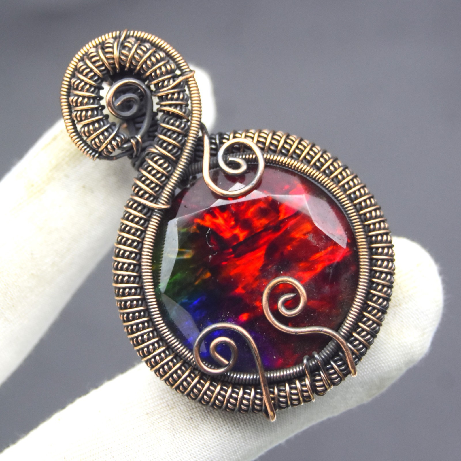 Red Ammolite Gemstone Handmade Copper Wire Wrapped Pendant Size-2″