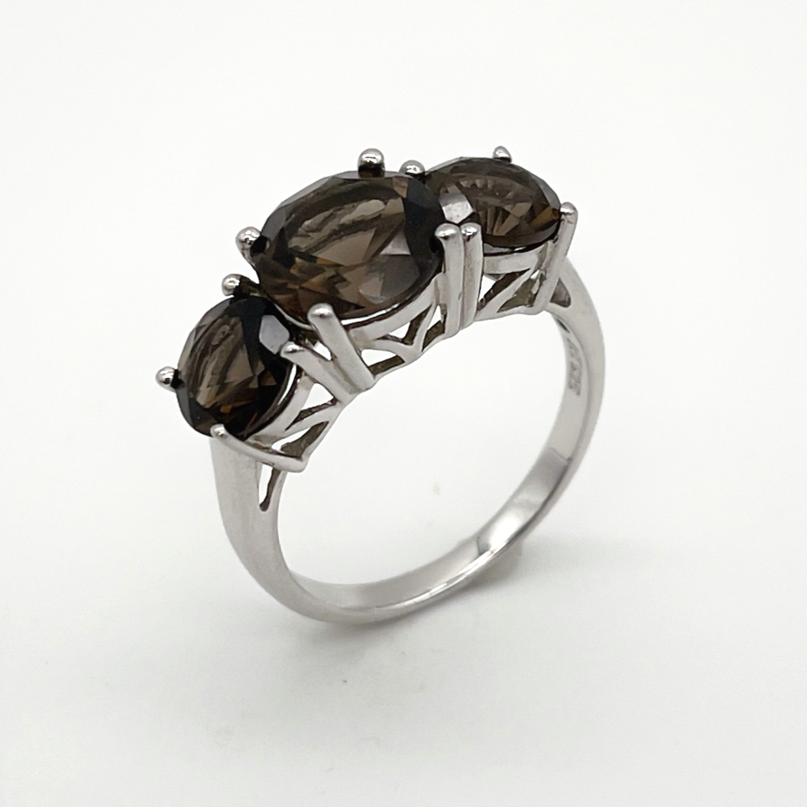 Rich Smokey Brown Quartz Tri-Setting Round Cut 925 Sterling Silver Ring Size 8