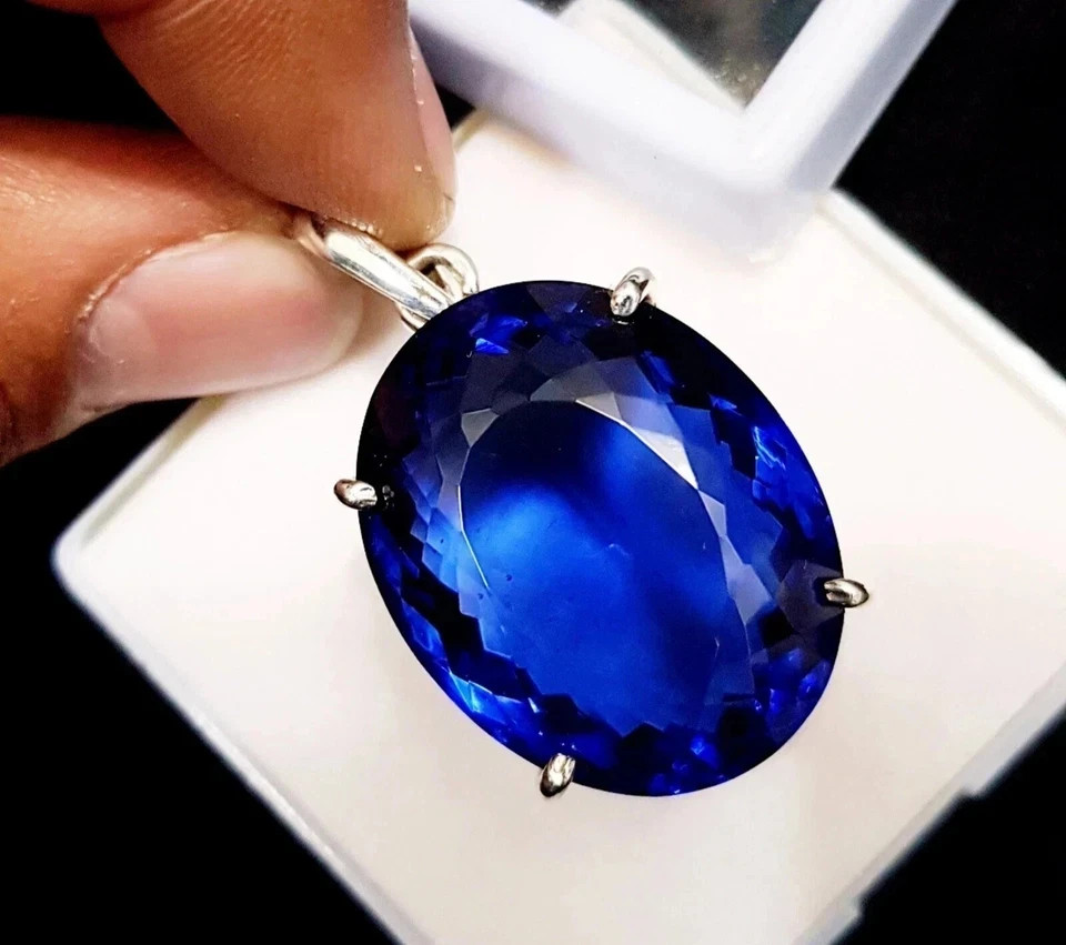 Certified 29CT+ Natural Blue Sapphire Oval Cut Gemstone 925 Solid Silver Pendant
