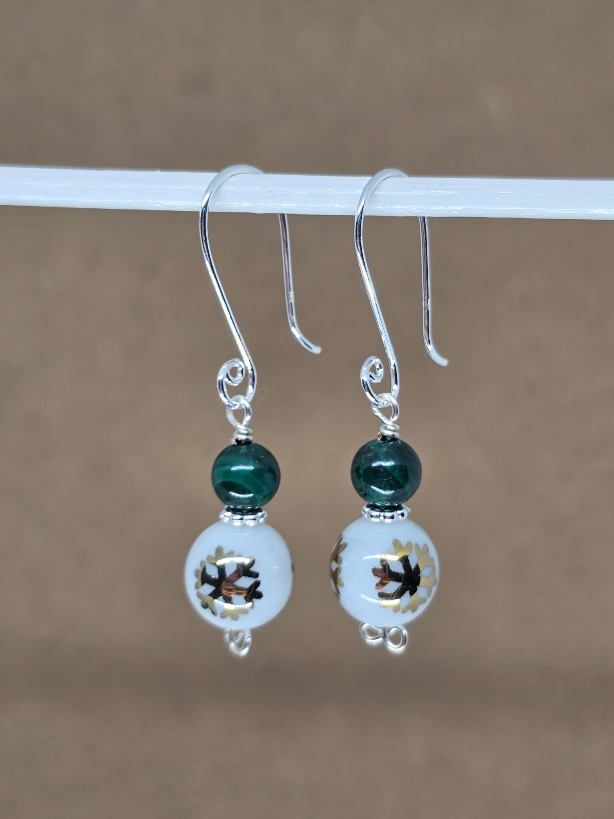 925 Sterling Silver Malachite and White Austria Crystal Drop Dangle Earrings
