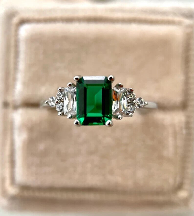 3.00 Ct Natural Emerald Shape Diamond Ring 14K Solid White Gold