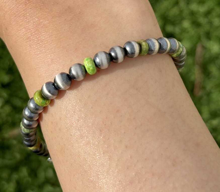Genuine Green Turquoise 6mm 7 Inch 925 Sterling Silver Pearls Bead Bracelet