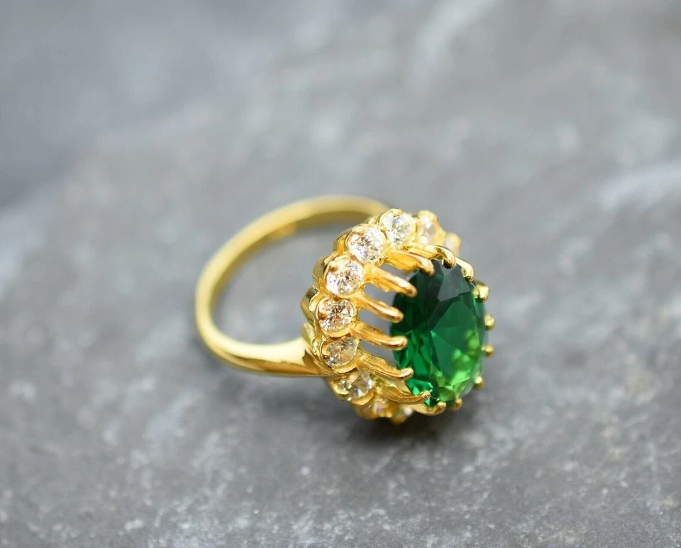 3.65 Ct Oval Cut Natural Emerald & Diamond Engagement Ring 14K Solid Yellow Gold